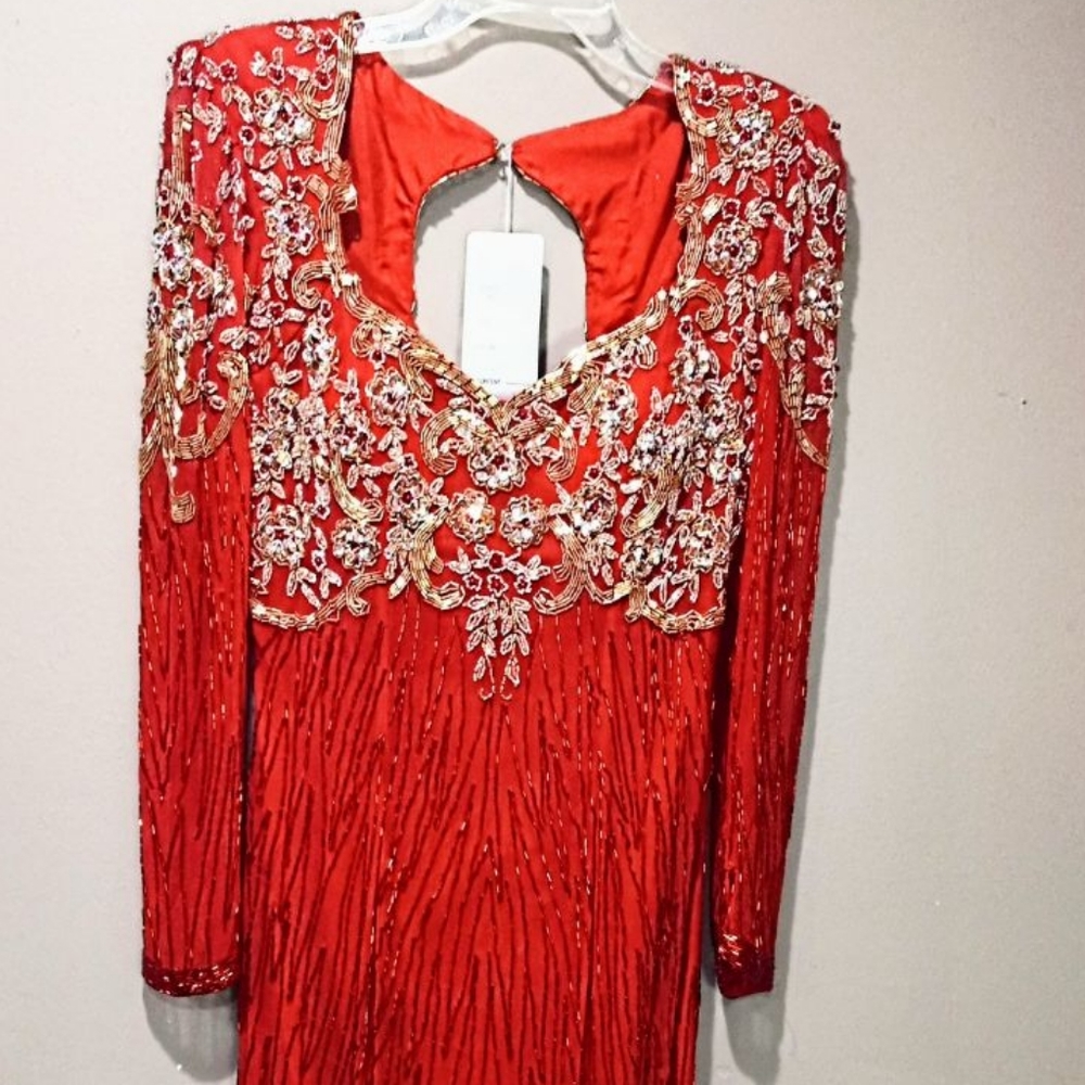 Red Embellished Maxi Dress with Gold Appliqué